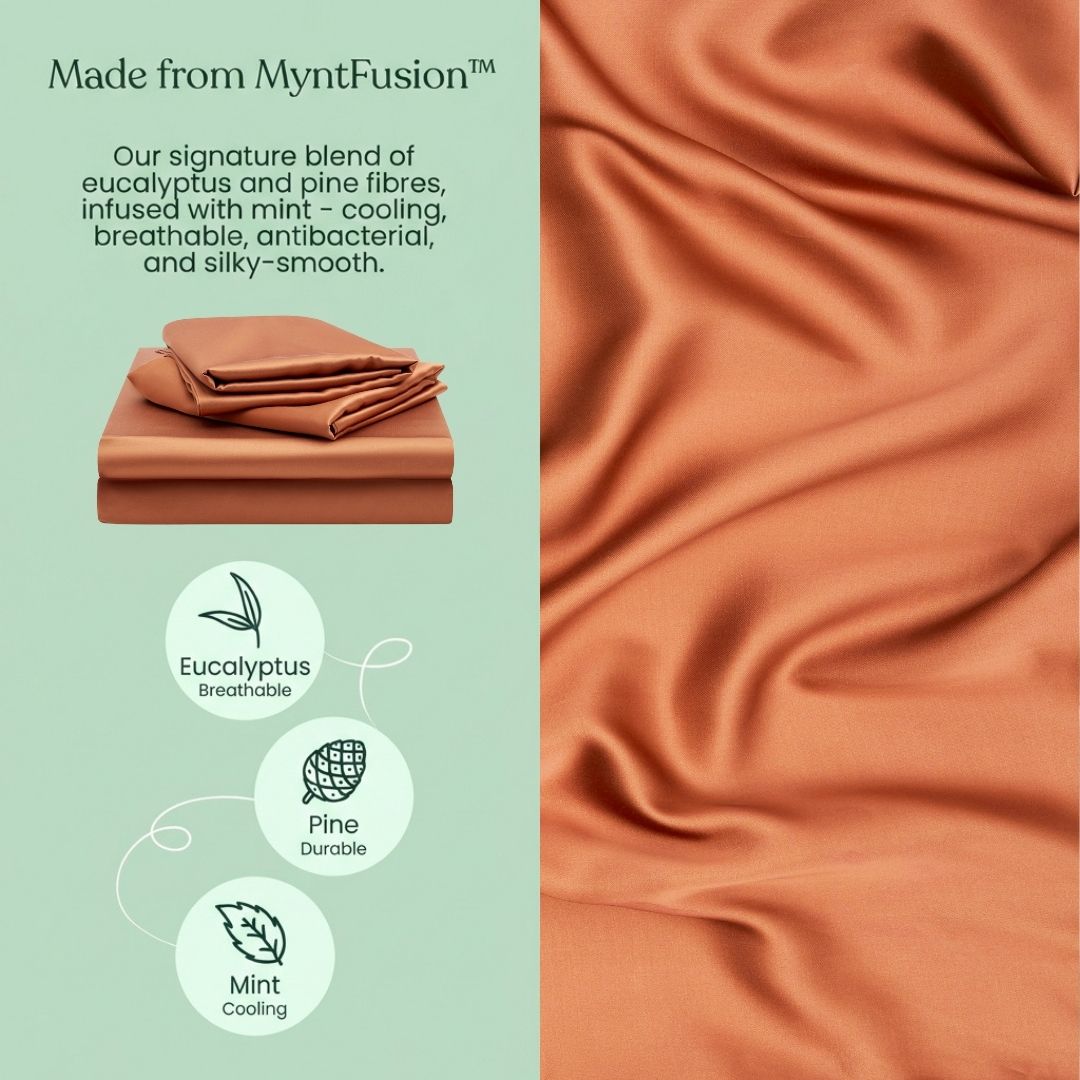 A terracotta Mynt Lab MyntFusion™ 3-piece fitted sheet set is shown. Text and icons highlight its eucalyptus, pine, and mint blend for breathable, durable, antibacterial, and cooling benefits.