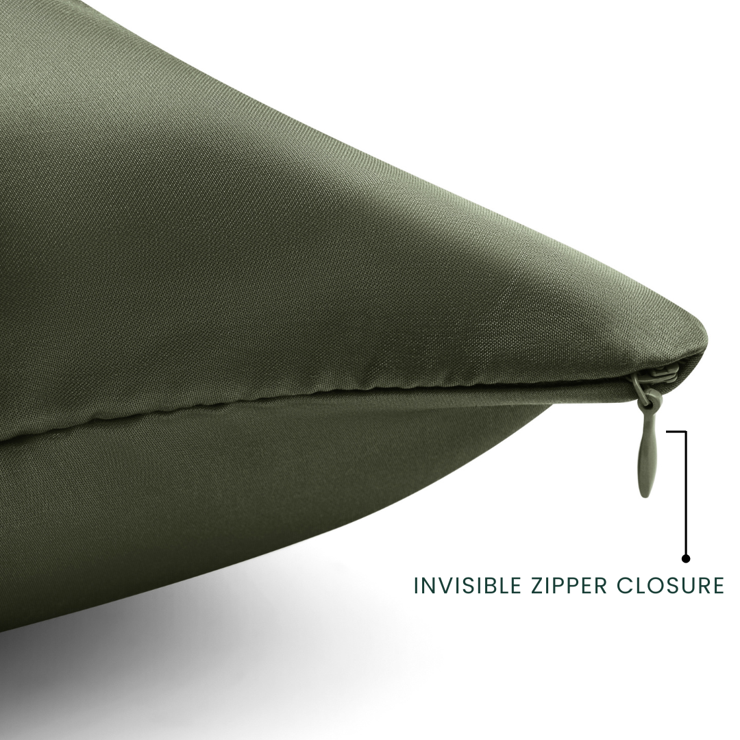 Olive green pillow with an invisible zipper closure on a white background