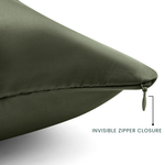 Olive green pillow with an invisible zipper closure on a white background