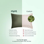 Mynt lab vs cotton pillow with features listed on a light green background