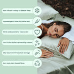 A woman rests on sage green bedding from the Deep Sleep Bundle. Icons highlight features: cooling mint-infused pillowcase, hypoallergenic, 99.7% antibacterial, low friction, silky texture, and non-toxic plant-based fibres.