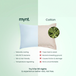 Mynt lab vs cotton pillow with features listed on a light green background