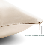 Beige pillow with an invisible zipper closure on a white background