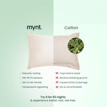 Mynt lab cotton pillowcase with comparison features listed on a light green background