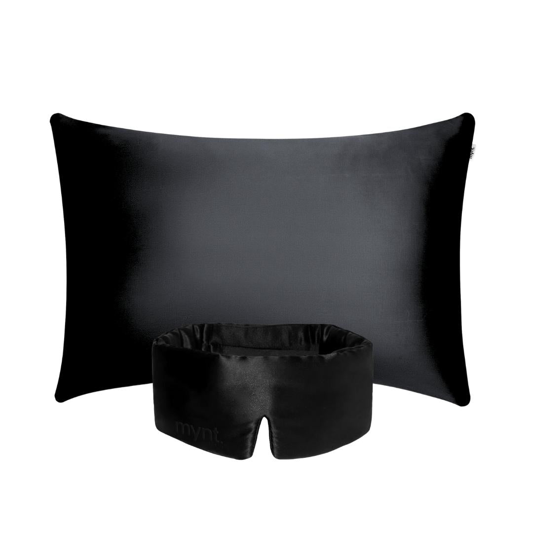 The Deep Sleep Bundle features a black silky cooling pillowcase and matching blackout sleep mask, both with a mynt lsb logo, beautifully displayed against a white background.
