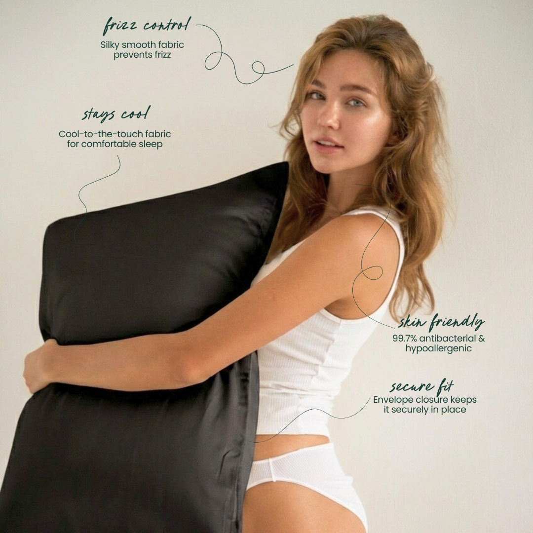 Woman holding a black silky pillow with text about its features on a light gray background