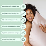A smiling woman hugs a light pink pillow from the Deep Sleep Bundle. Nearby, icons and text showcase features: mint-infused cooling, hypoallergenic and antibacterial fibers, low friction, silky feel, and non-toxic plant-based materials.