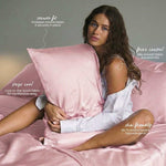 Woman holding a pink pillow with text about pillow features on a grey background