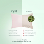 Pink pillow with mynt lab branding vs cotton pillowcase on a light green background