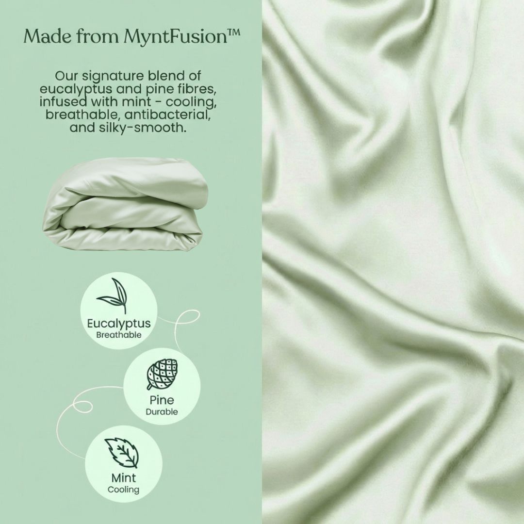 Light green fabric with text about MyntFusion blend and fabric properties on a light green background