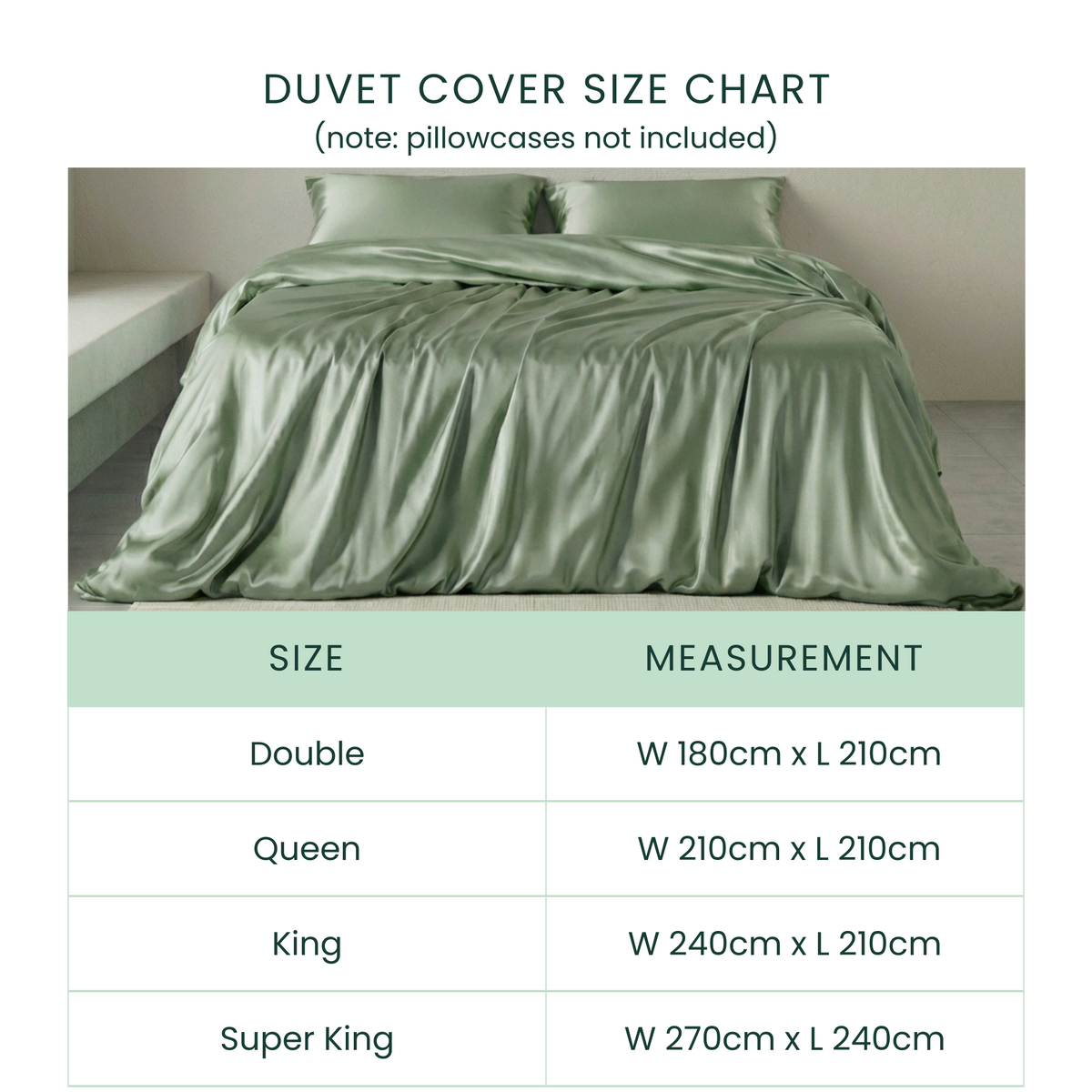 Duvet cover size chart with measurements for Double, Queen, King, and Super King sizes.