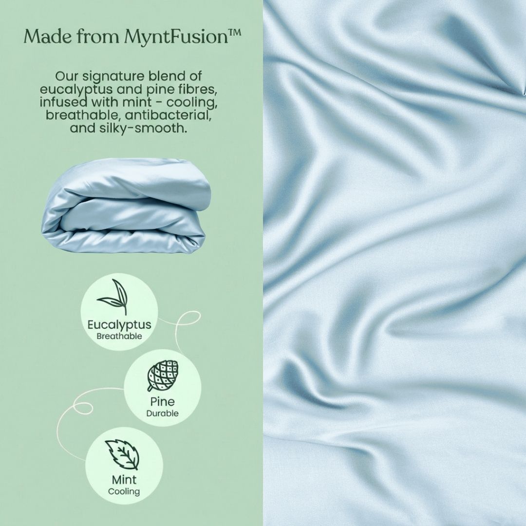 Light blue fabric with text about MyntFusion blend on a green background