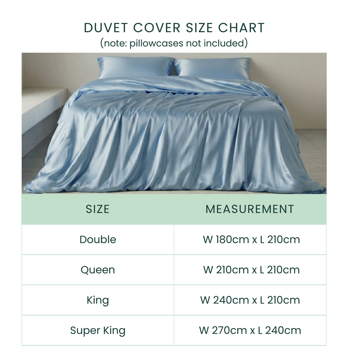 Duvet cover size chart with a double, queen, king, and super king size display.