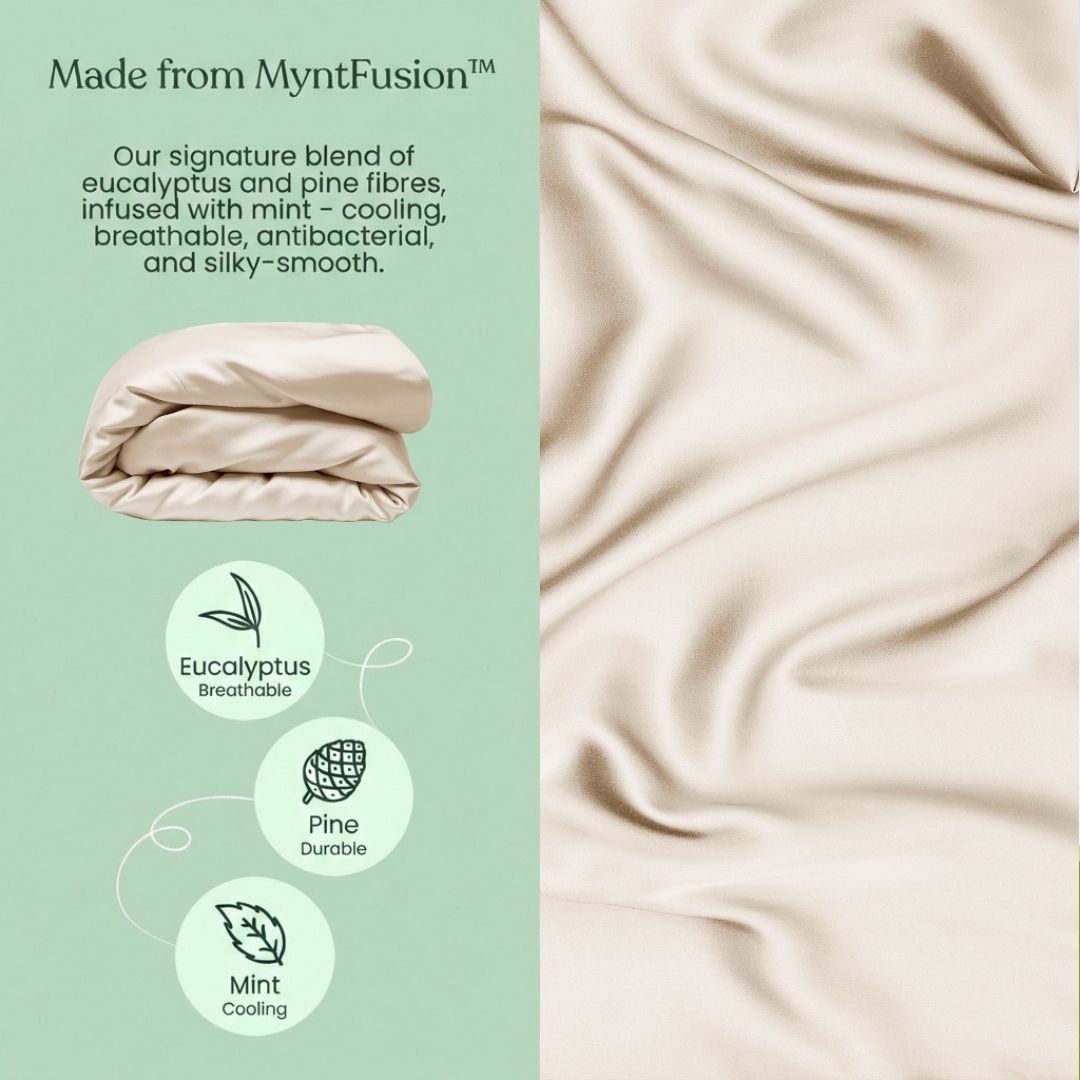 Text and fabric swatch with MyntFusion product details on a green background