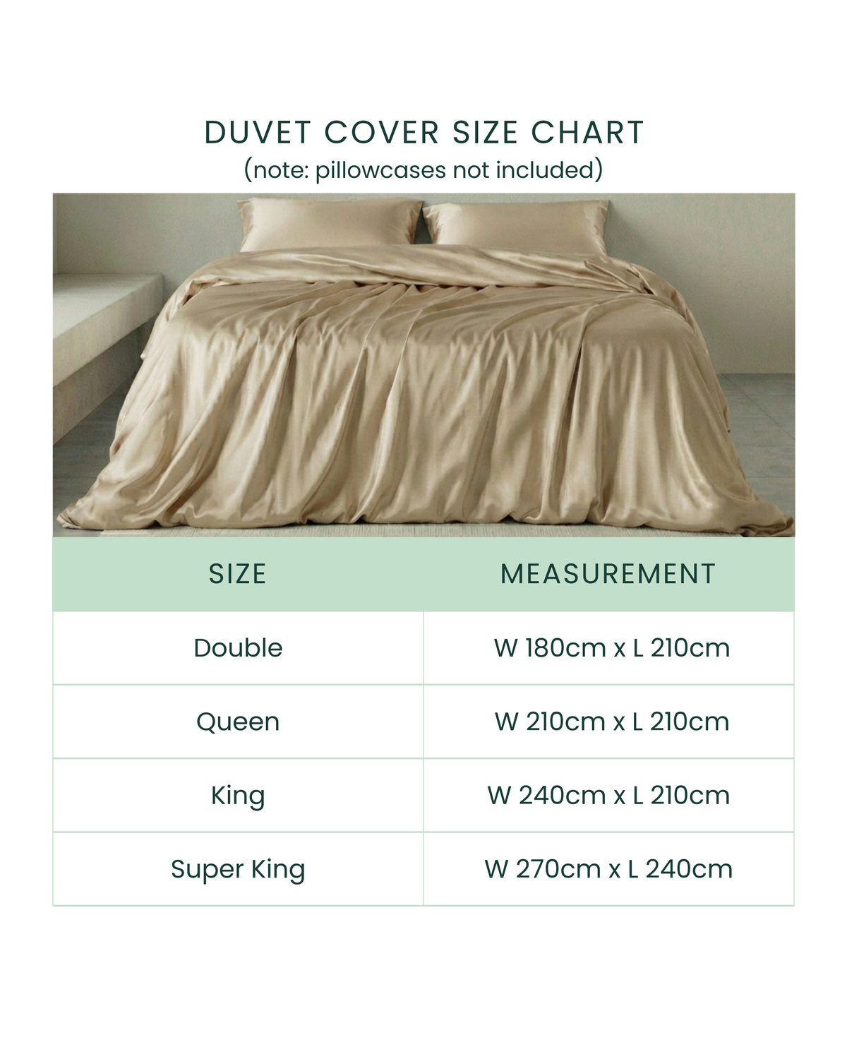 Duvet cover size chart with measurements for Double, Queen, King, and Super King sizes.