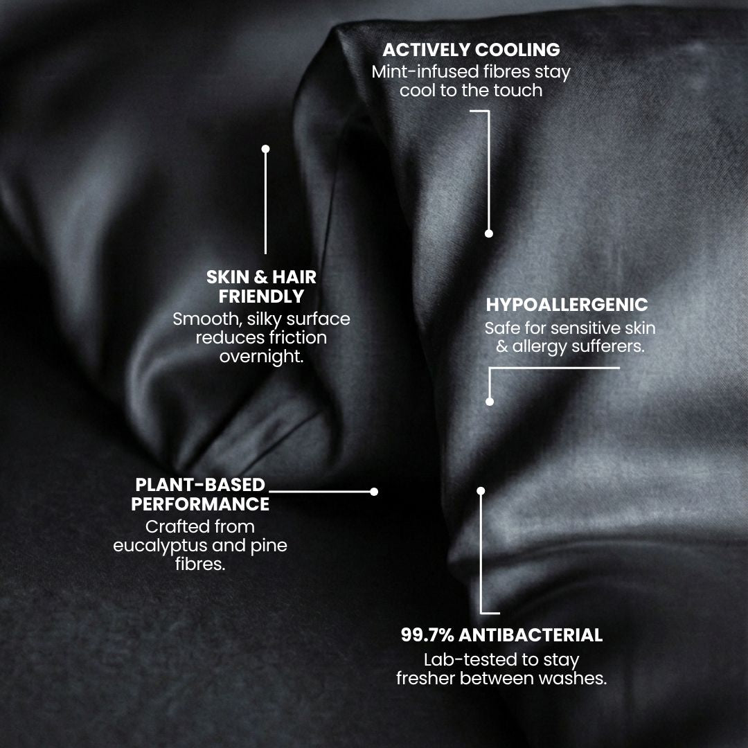 Black fabric with text highlighting its properties on a dark background