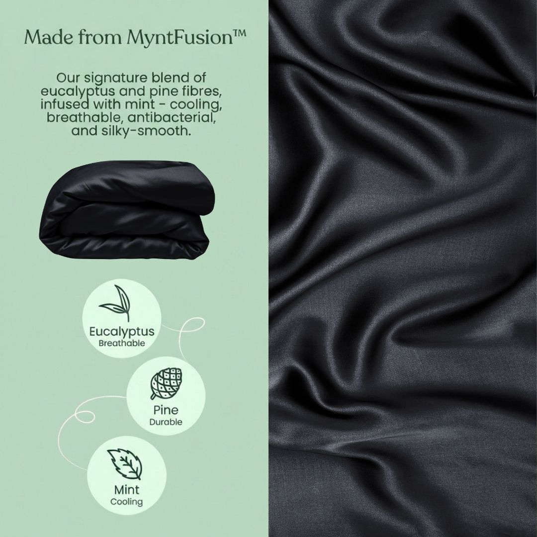 Black fabric with text about MyntFusion blend on a green background