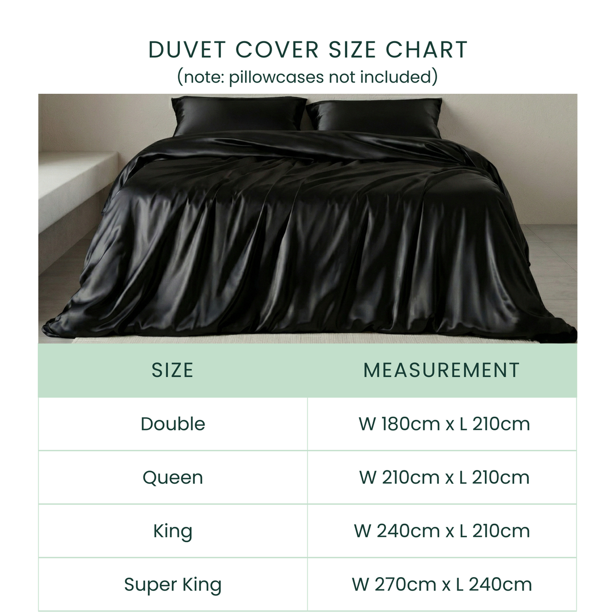 Black duvet cover on a bed with a size chart below.