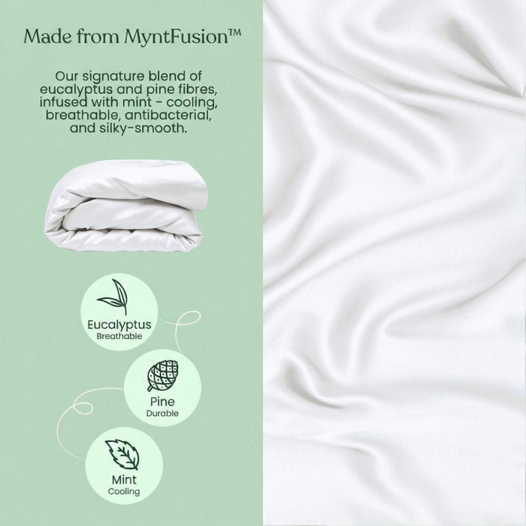 Text and fabric sample with MyntFusion product details on a green background