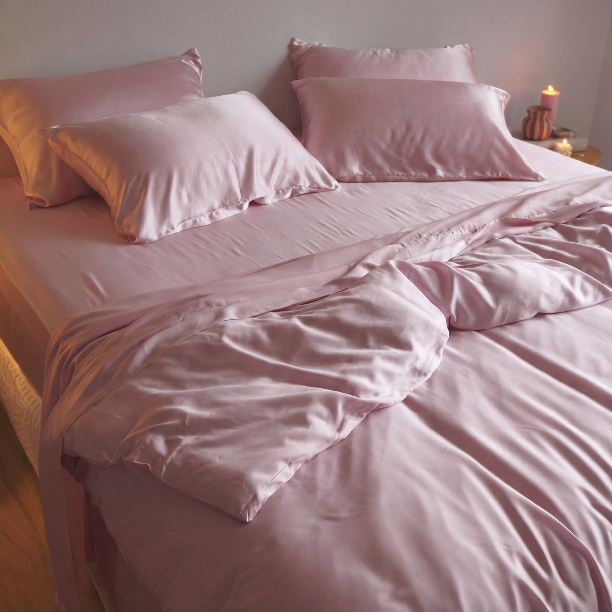 Bed with pink bedding and pillows in a softly lit room.