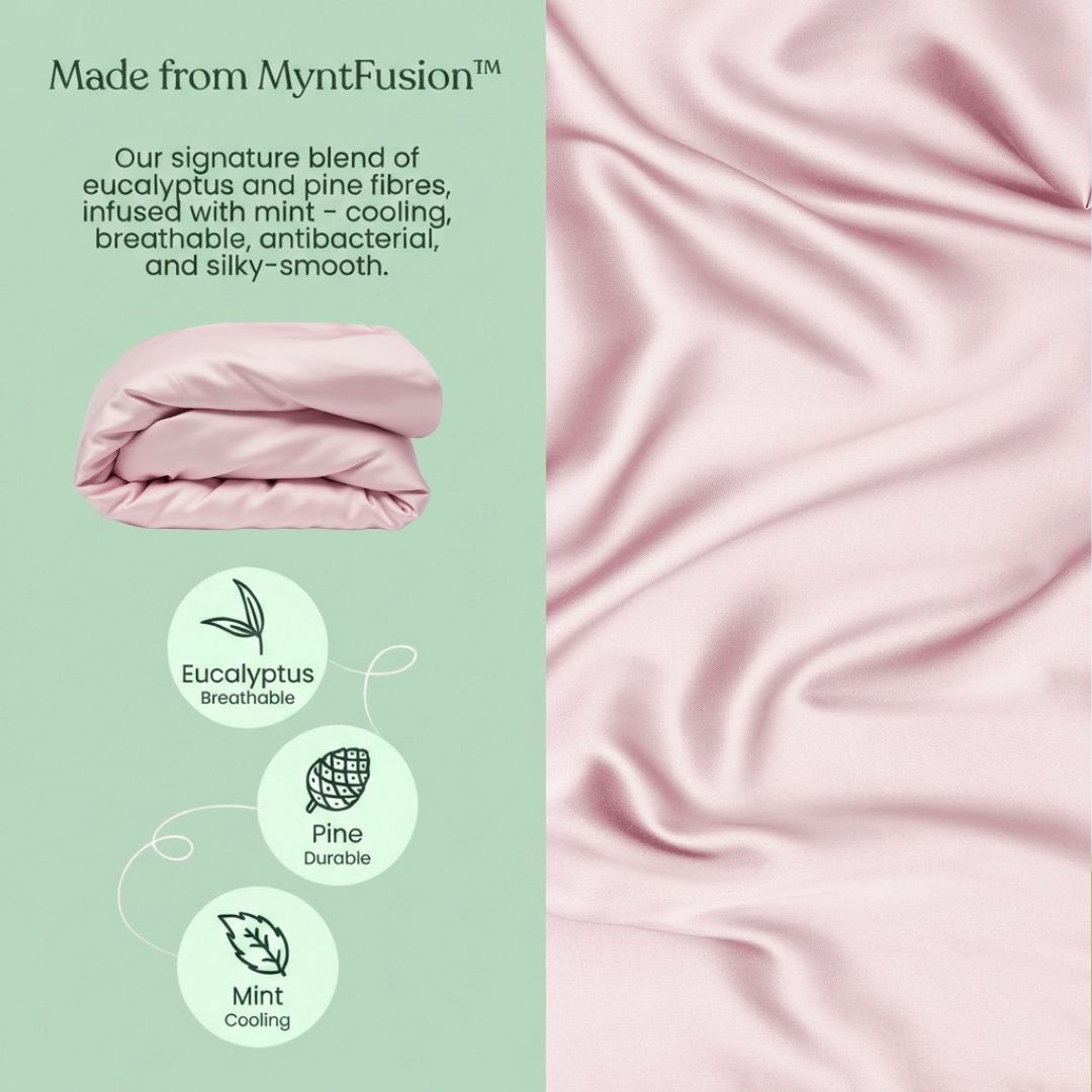 Pink fabric with text about MyntFusion blend on a green background