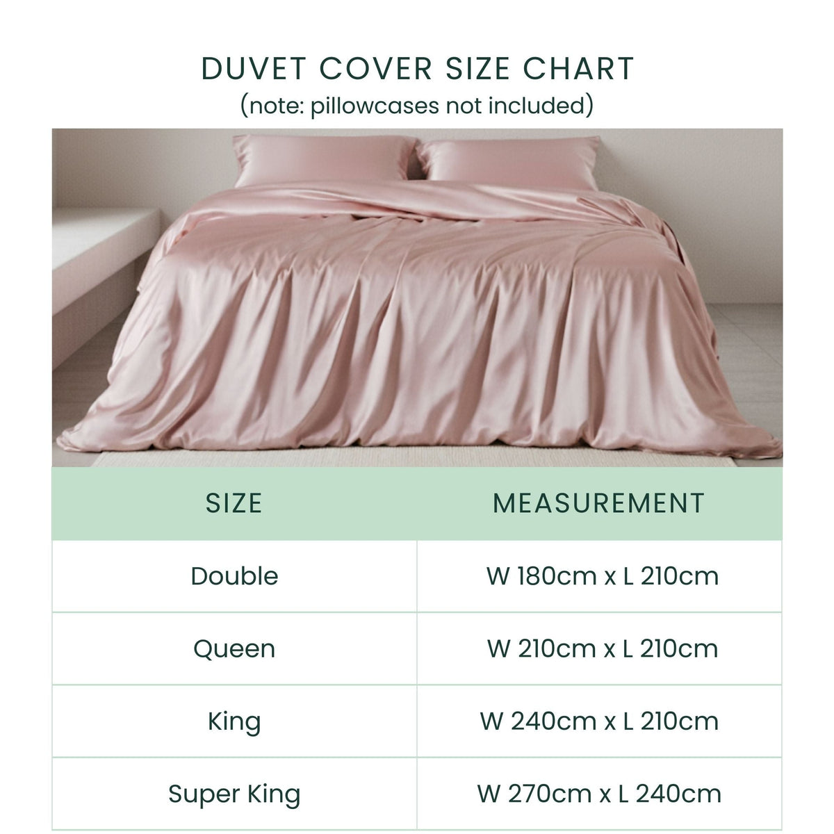 Duvet cover size chart with a pink duvet on a bed