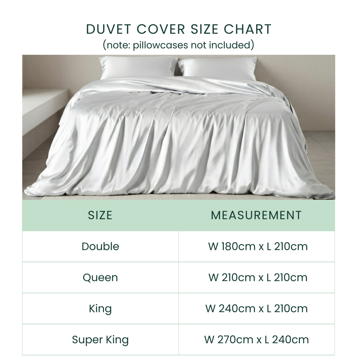 Duvet cover size chart with bed and measurements on a light background