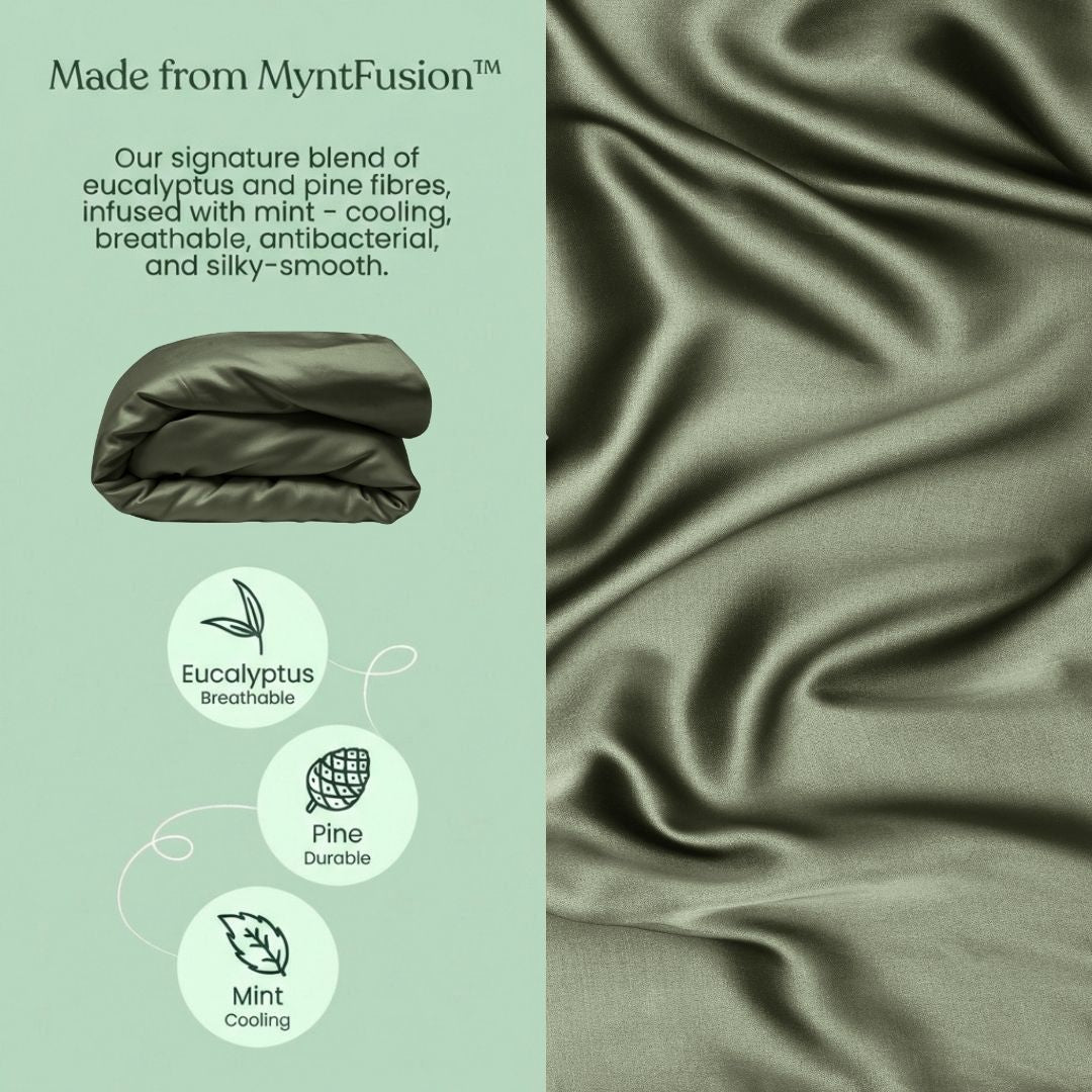 The MyntFusion™ Duvet Cover by Mynt Lab is shown in smooth green fabric, featuring icons for breathable eucalyptus, durable pine, and cooling mint. This antibacterial cover is perfect for hot sleepers.