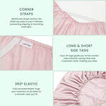 A pale pink Mynt Lab MyntFusion™ Fitted Sheet Set (3-Piece) is shown up close, featuring 360° elastic, corner straps, and “long side”/“short side” tags for a secure fit and easy bed-making. The background is light green.