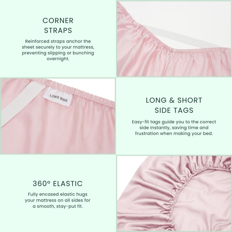 A pale pink Mynt Lab MyntFusion™ Fitted Sheet Set (3-Piece) is shown up close, featuring 360° elastic, corner straps, and “long side”/“short side” tags for a secure fit and easy bed-making. The background is light green.