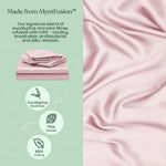 A soft pink Mynt Lab MyntFusion™ Fitted Sheet Set (3-Piece) is shown. Text highlights its eucalyptus, pine, and mint blend for cooling, breathable, antibacterial, and durable features, with three icons illustrating each benefit.