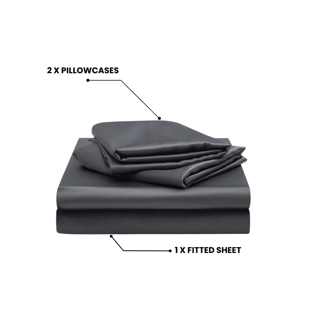 A neatly folded dark grey Mynt Lab MyntFusion™ Fitted Sheet Set (3-piece) includes two pillowcases and one deep pocket cooling fitted sheet, with labels pointing to each item on a white background.