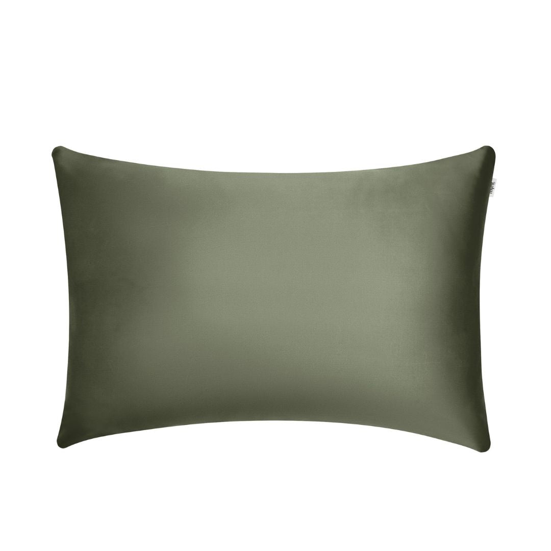 An olive green rectangular Pillowcase with a smooth, silky texture, designed to reduce frizz and enhance beauty sleep, shown on a plain white background.