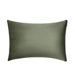 An olive green rectangular Pillowcase with a smooth, silky texture, designed to reduce frizz and enhance beauty sleep, shown on a plain white background.