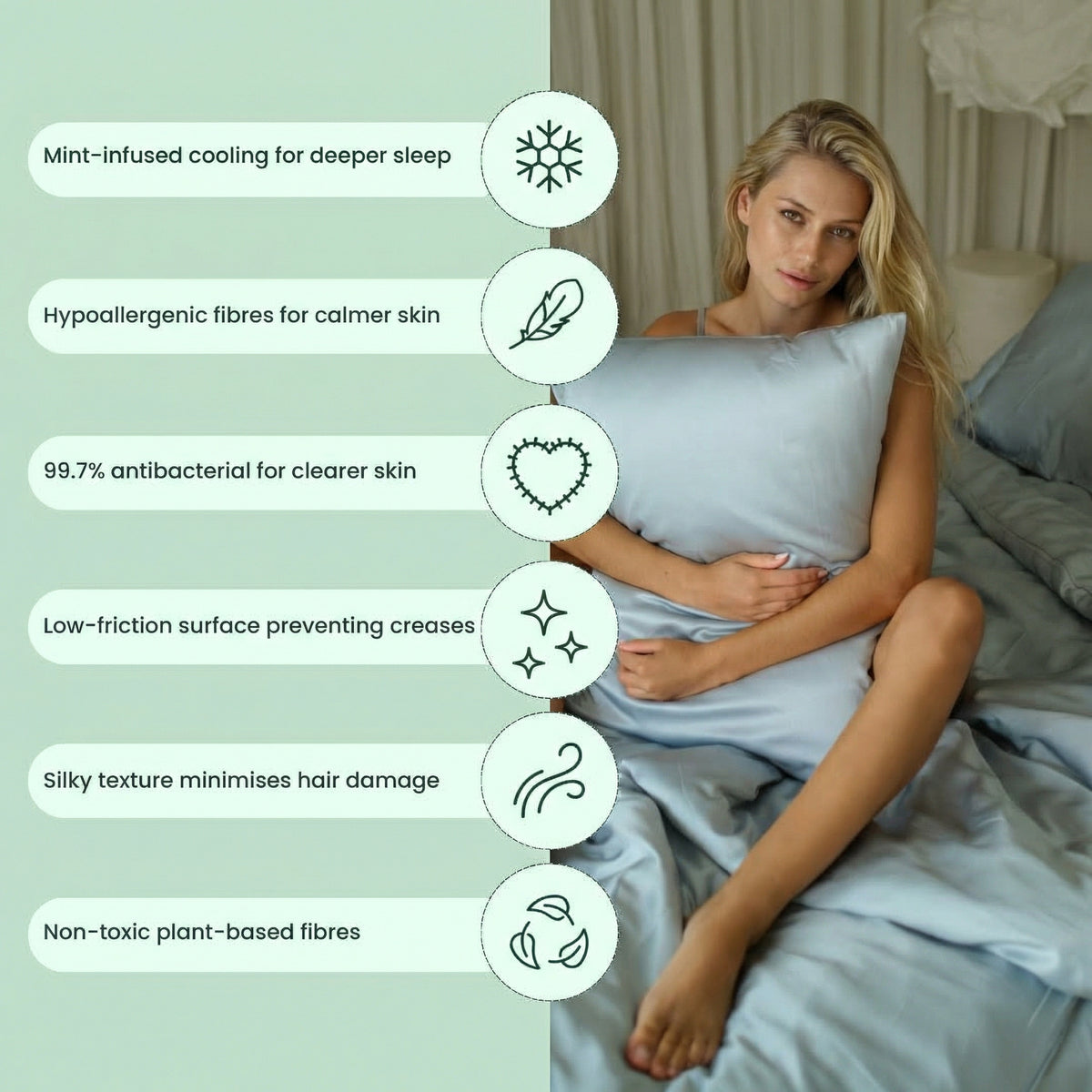 Woman holding a pillow with features listed on the left, in a bedroom setting.