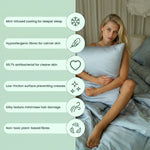 Woman holding a pillow with features listed on the left, in a bedroom setting.