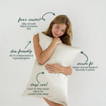 A woman with long hair hugs a Mynt Lab MyntFusion™ Pillowcase. Surrounding text highlights its silky-smooth fabric, frizz reduction, skin-friendly comfort, cool touch, and secure fit = each briefly described for clarity.