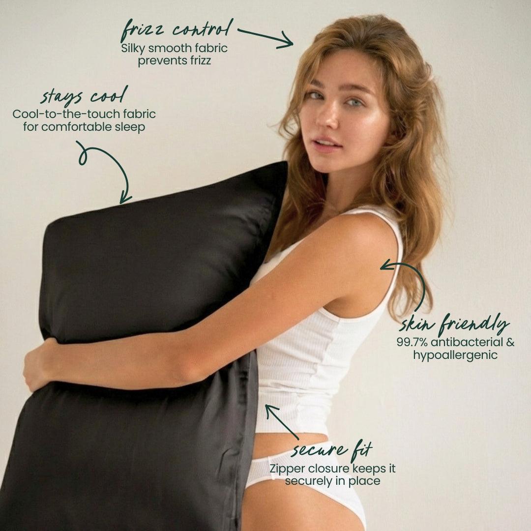 A woman in a white tank top and underwear hugs the MyntFusion™ Pillowcase by Mynt Lab. Text highlights its silky-smooth fabric: reduces frizz, stays cool, 99.7% antibacterial & hypoallergenic fibers, and a secure zipper closure.