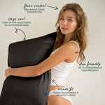 A woman in a white tank top and underwear hugs the MyntFusion™ Pillowcase by Mynt Lab. Text highlights its silky-smooth fabric: reduces frizz, stays cool, 99.7% antibacterial & hypoallergenic fibers, and a secure zipper closure.