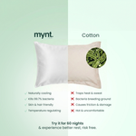 Mynt lab vs cotton pillow with features listed on a light green background with a comparison of the two different fabrics