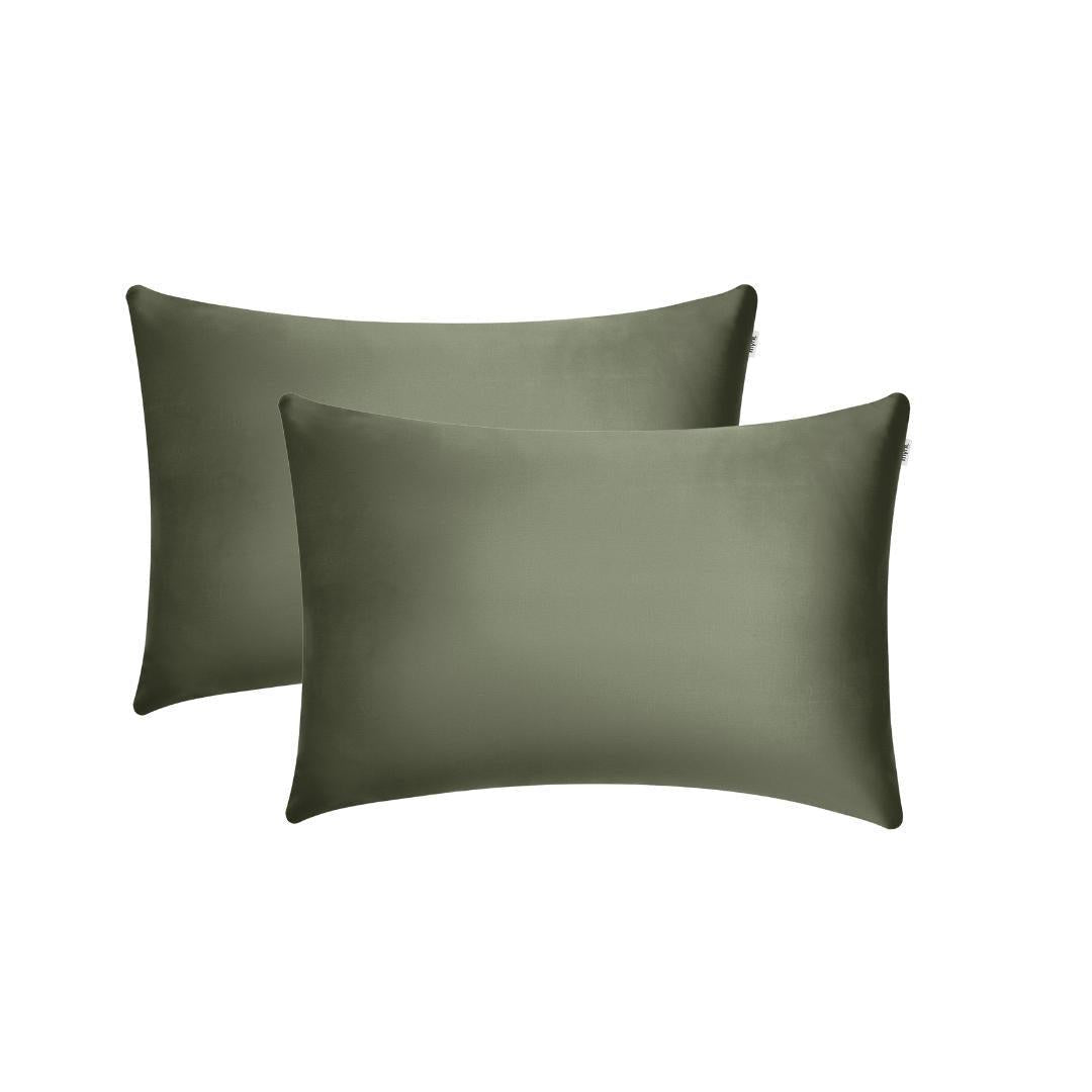 Two olive green rectangular Pillowcases, crafted from smooth, shiny fabric, are shown overlapping on a plain white background - ideal for beauty sleep and reducing frizz.