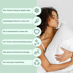 A woman hugs a pillow on her bed. Text and icons highlight the Deep Sleep Bundle's cooling pillowcase, deep sleep benefits, hypoallergenic and antibacterial fibres, silky texture, and non-toxic plant-based materials.