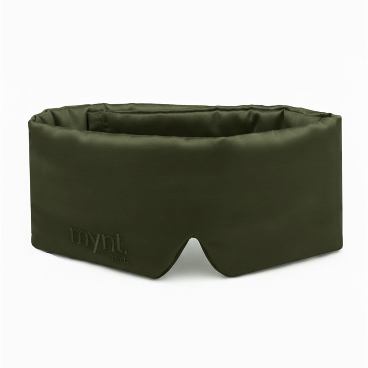 Green sleep mask with 'mynt lab' branding on a white background