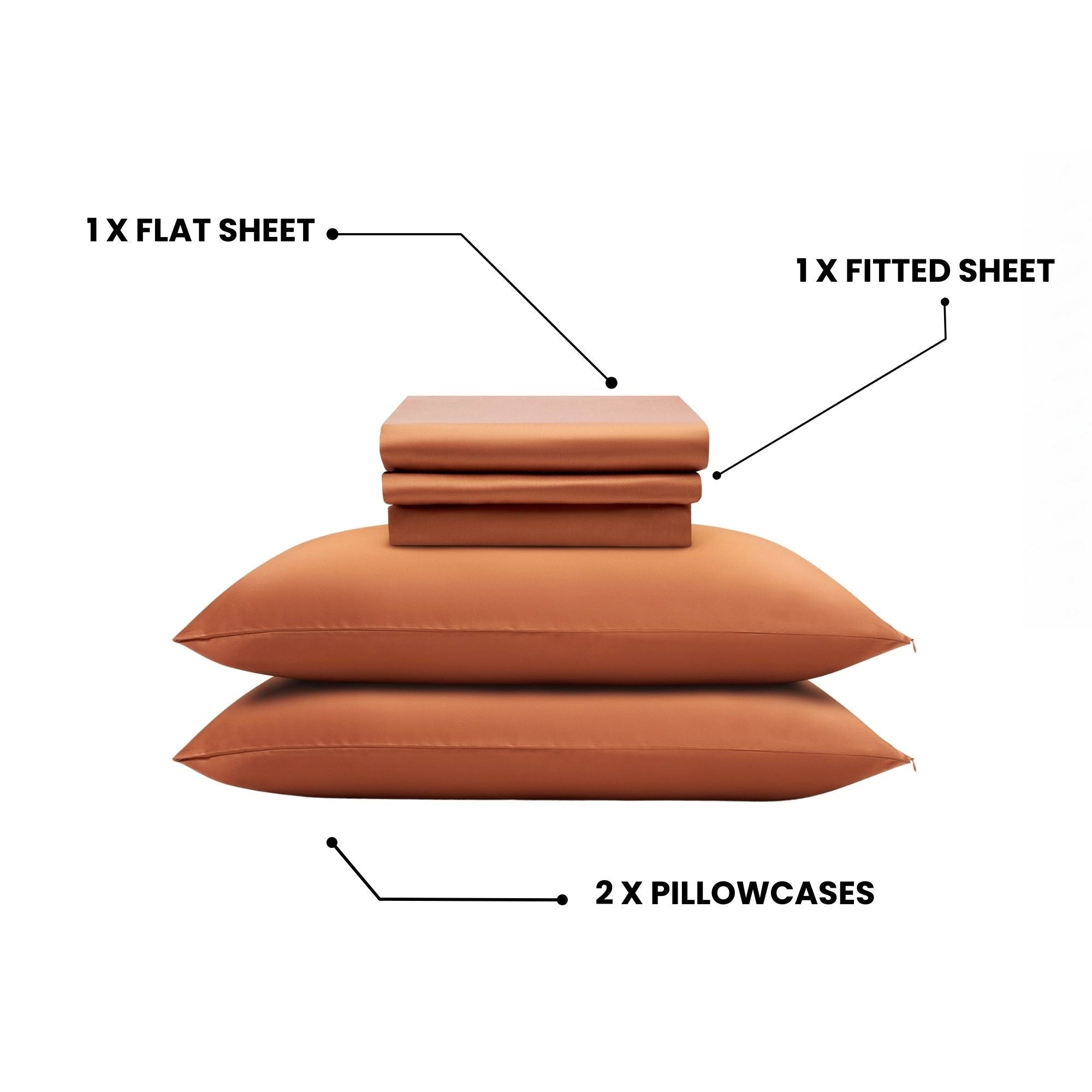 Set of terracotta bed sheets and pillowcases with labels on a white background