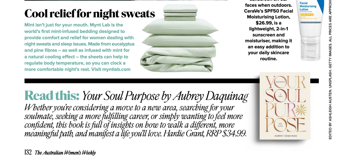 Health news magazine page with mynt lab bedding feature. 