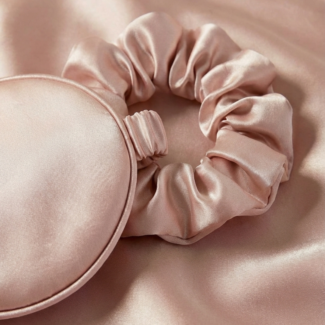 A close-up of the Beauty Sleep Gift Set’s pink satin sleep mask and scrunchie, displayed on matching pink fabric—an essential for a restful night.