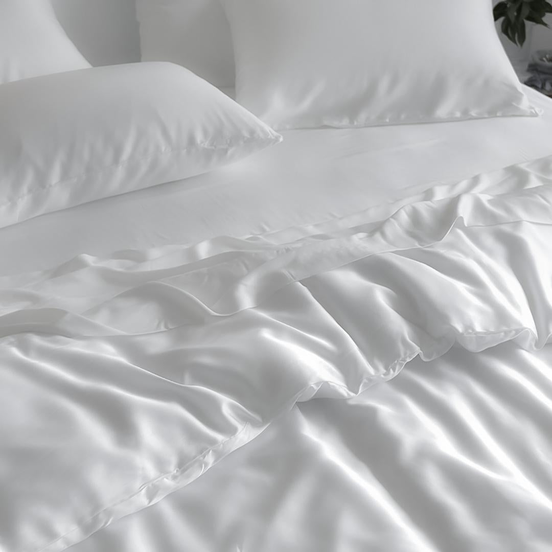 The Bedding Bundle features smooth, silky white sheets and matching pillows, offering a soft and luxurious look with customisable options to match your personal style.