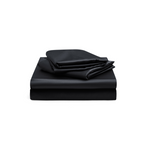 A neatly folded set of black bed sheets, including a fitted sheet, flat sheet, and pillowcases, stacked against a white background.