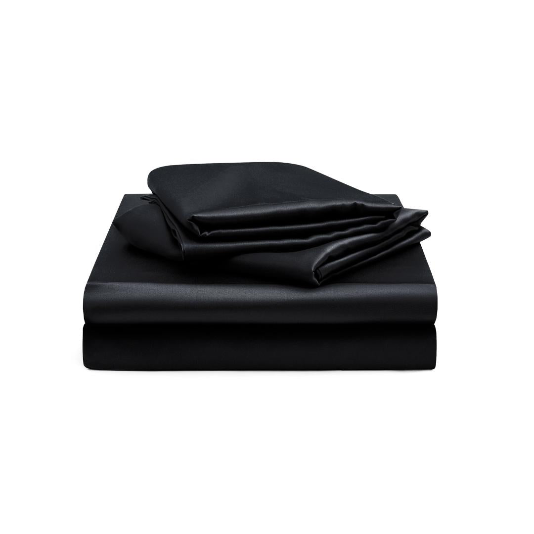 The Mynt Lab Black Fitted Sheet Set (Super King) is neatly folded and stacked against a white background, featuring a deep pocket fitted sheet and temperature-regulating comfort that stays cooler than cotton.