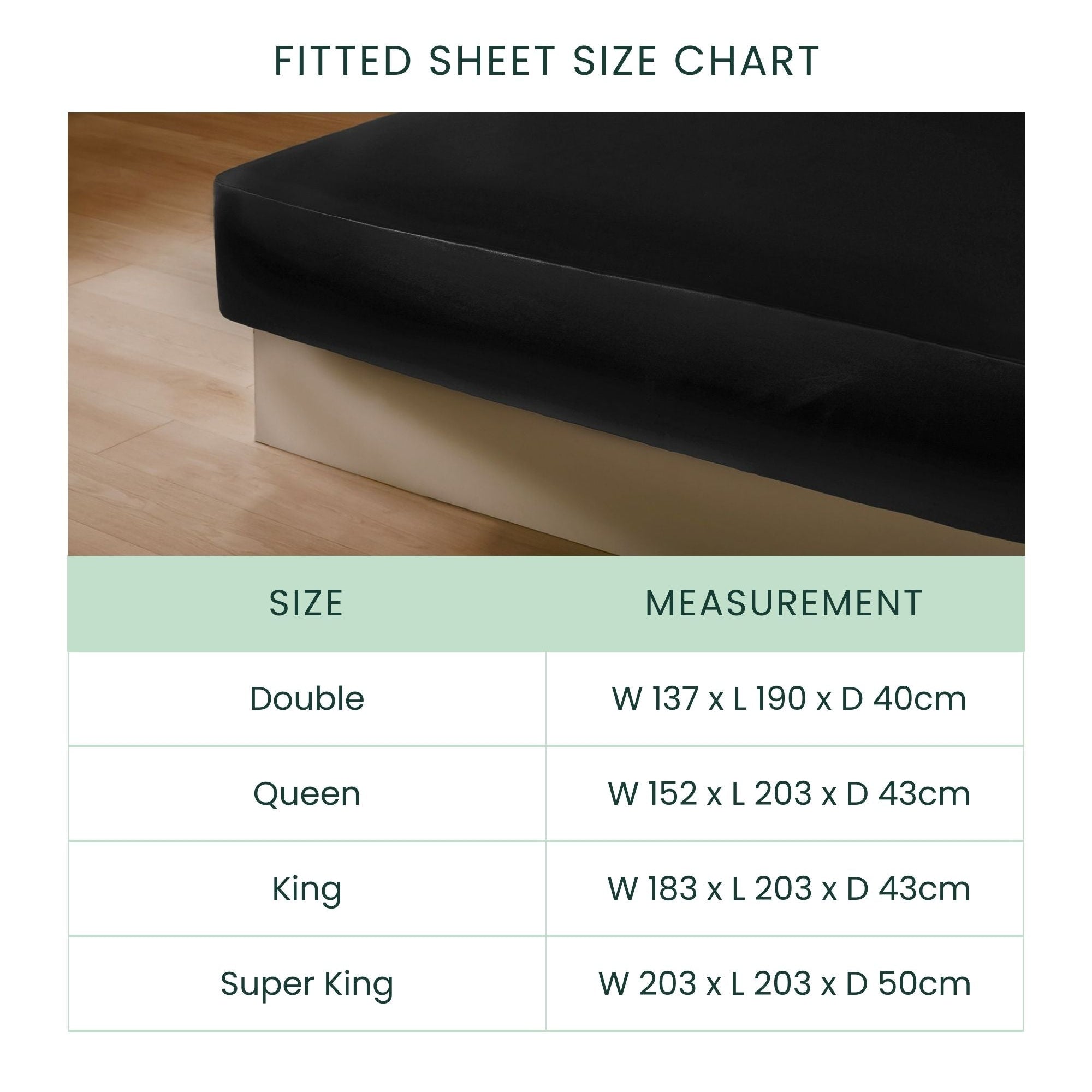 A size chart lists Double, Queen, King, and Super King sizes (in cm) next to a photo of a black MyntFusion™ Fitted Sheet Set (3-Piece) by Mynt Lab on a mattress.